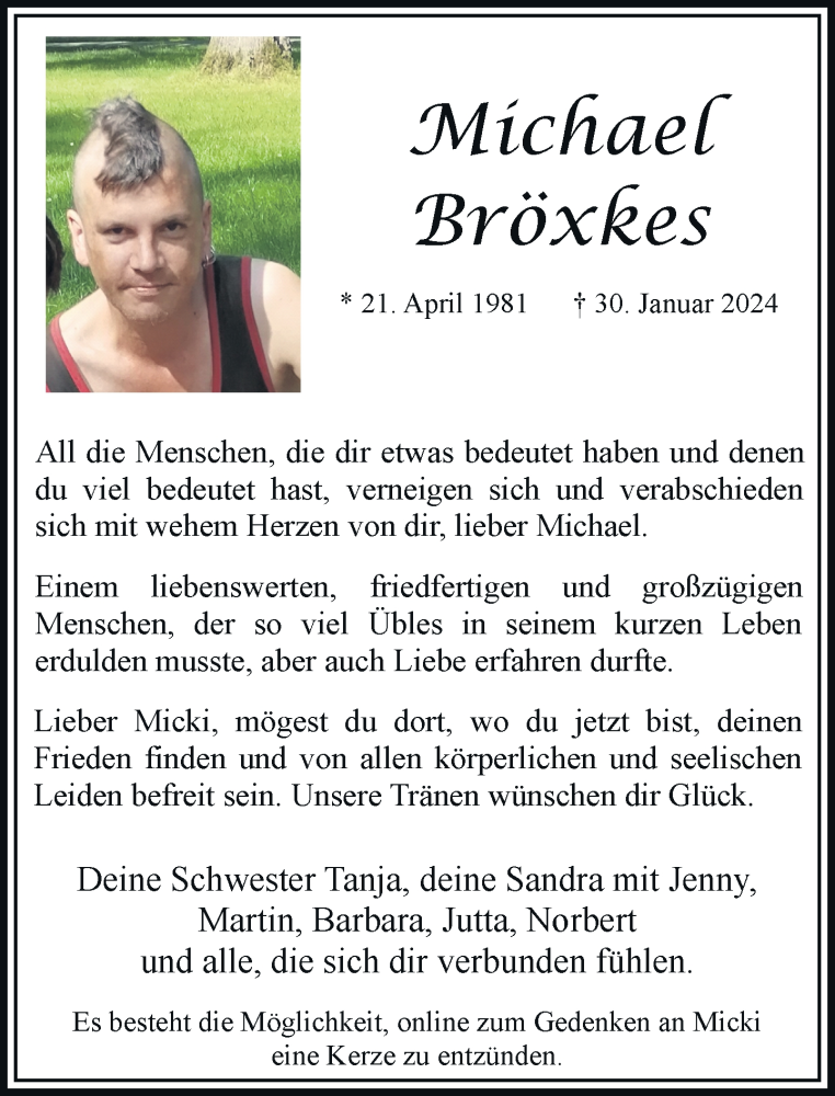 Traueranzeige für Michael Bröxkes vom 24.02.2024 aus trauer.stadt-kurier.de