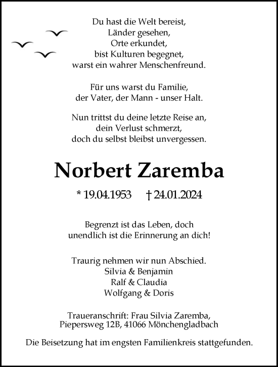 Traueranzeige von Norbert Zaremba von trauer.extra-tipp-moenchengladbach.de