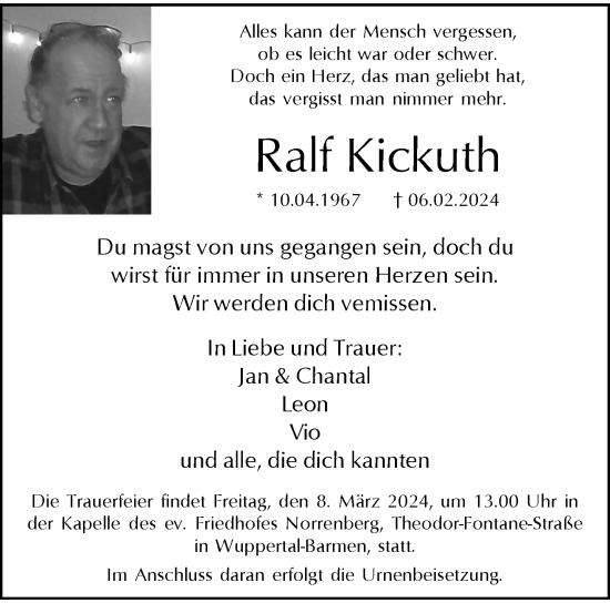 Traueranzeige von Ralf Kickuth von trauer.wuppertaler-rundschau.de