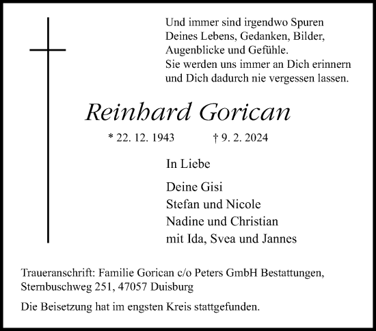 Traueranzeige von Reinhard Gorican von trauer.extra-tipp-moenchengladbach.de