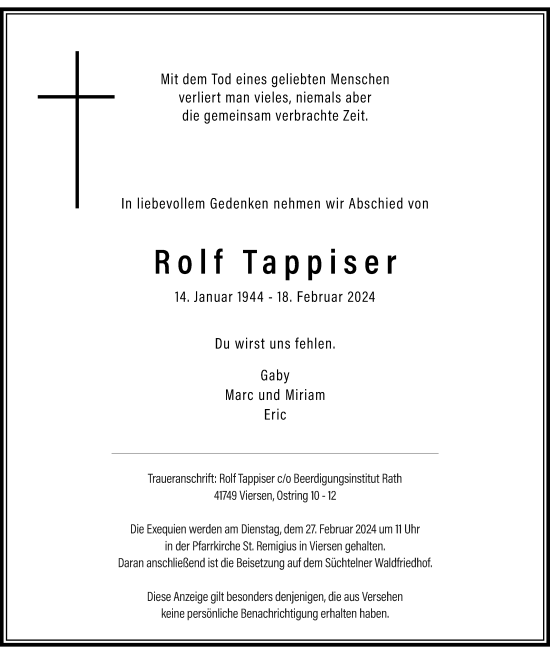 Traueranzeige von Rolf Tappiser von trauer.extra-tipp-moenchengladbach.de