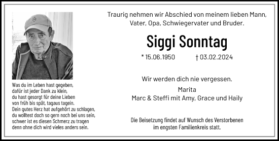 Traueranzeige von Siggi Sonntag von trauer.extra-tipp-moenchengladbach.de