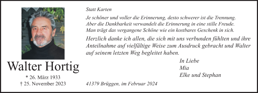  Traueranzeige für Walter Hortig vom 18.02.2024 aus trauer.extra-tipp-moenchengladbach.de