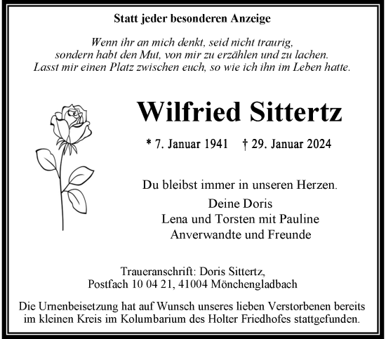 Traueranzeige von Wilfried Sittertz von trauer.extra-tipp-moenchengladbach.de