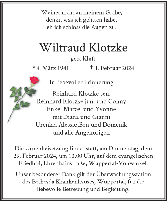Traueranzeige von Wiltraud Klotzke von trauer.wuppertaler-rundschau.de