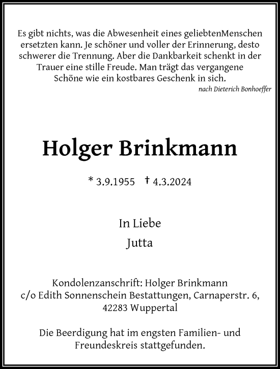 Traueranzeige von Holger Brinkmann von trauer.wuppertaler-rundschau.de