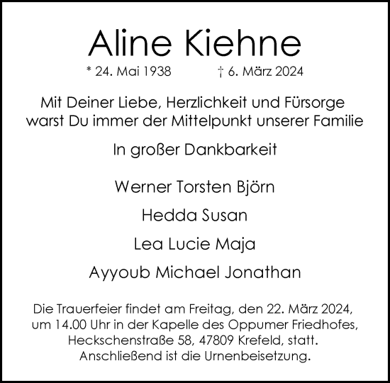 Traueranzeige von Aline Kiehne von trauer.extra-tipp-moenchengladbach.de