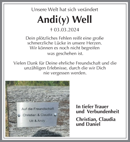 Traueranzeige von Andi Well von trauer.extra-tipp-moenchengladbach.de