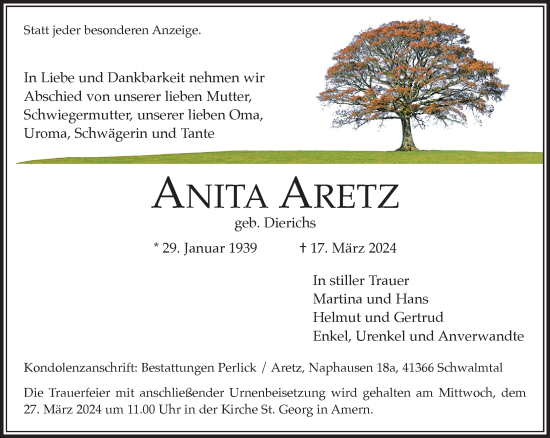 Traueranzeige von Anita Aretz von trauer.extra-tipp-moenchengladbach.de