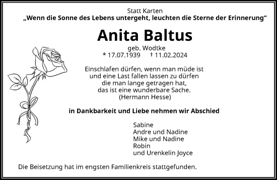Traueranzeige von Anita Baltus von trauer.wuppertaler-rundschau.de