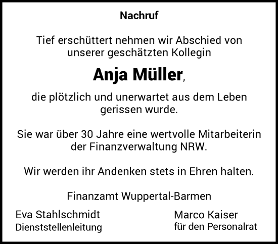 Traueranzeige von Anja Müller von trauer.wuppertaler-rundschau.de
