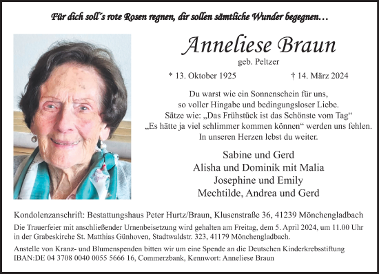 Traueranzeige von Anneliese Braun von trauer.extra-tipp-moenchengladbach.de
