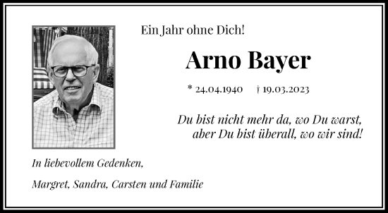 Traueranzeige von Arno Bayer von trauer.extra-tipp-moenchengladbach.de