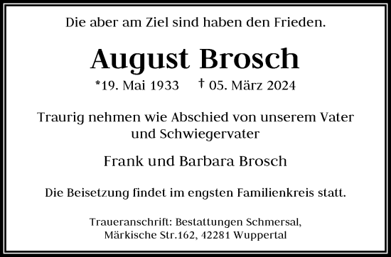 Traueranzeige von August Brosch von trauer.wuppertaler-rundschau.de