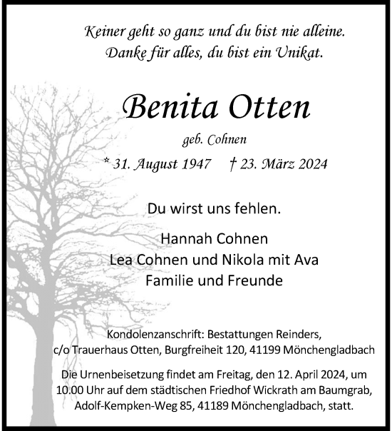 Traueranzeige von Benita Otten von trauer.extra-tipp-moenchengladbach.de