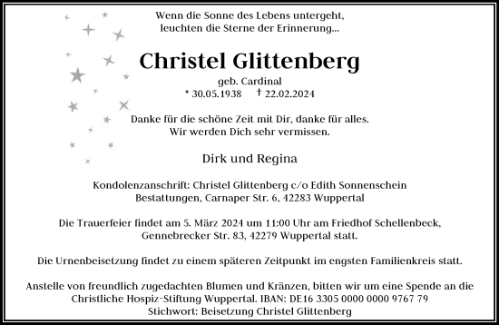 Traueranzeige von Christel Glittenberg von trauer.wuppertaler-rundschau.de