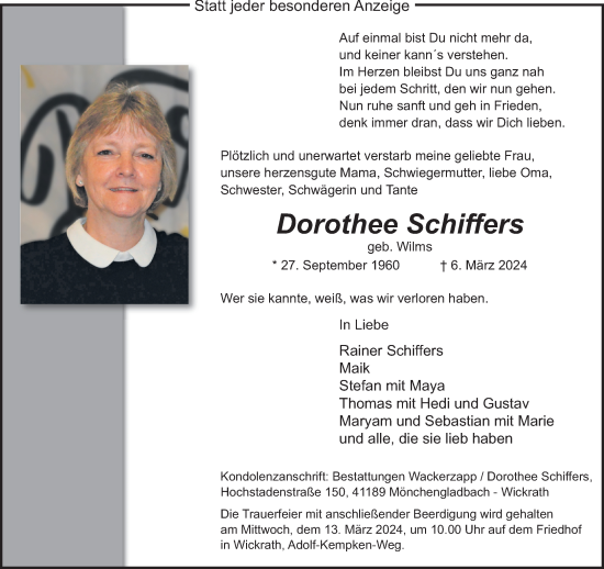Traueranzeige von Dorothee Schiffers von trauer.extra-tipp-moenchengladbach.de