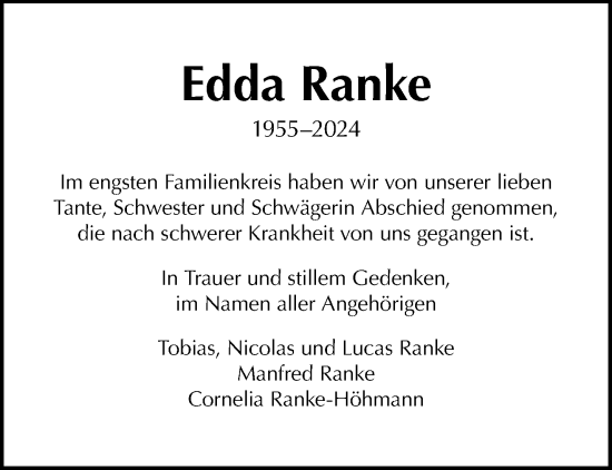 Traueranzeige von Edda Ranke von trauer.wuppertaler-rundschau.de