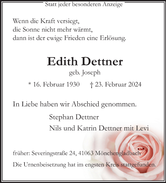 Traueranzeige von Edith Dettner von trauer.extra-tipp-moenchengladbach.de