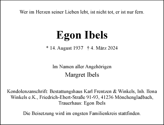 Traueranzeige von Egon Ibels von trauer.extra-tipp-moenchengladbach.de