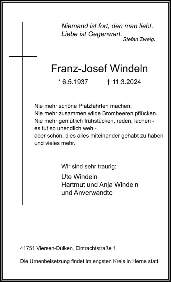 Traueranzeige von Franz-Josef Windeln von trauer.extra-tipp-moenchengladbach.de