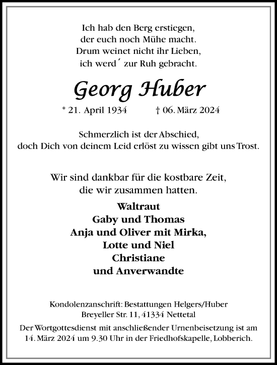 Traueranzeige von Georg Huber von trauer.extra-tipp-moenchengladbach.de