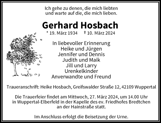 Traueranzeige von Gerhard Hosbach von trauer.wuppertaler-rundschau.de