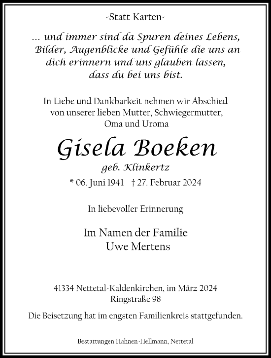 Traueranzeige von Gisela Boeken von trauer.extra-tipp-moenchengladbach.de