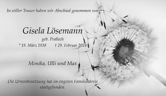Traueranzeige von Gisela Lösemann von trauer.extra-tipp-moenchengladbach.de