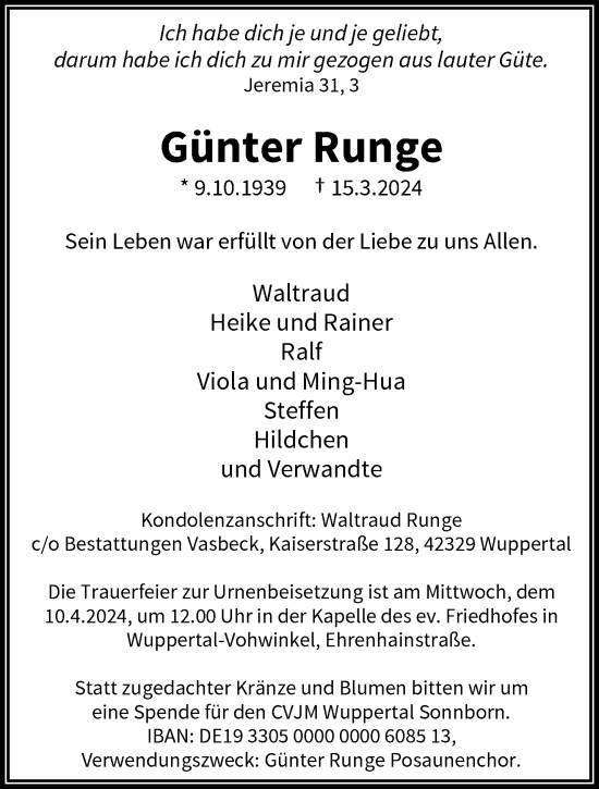 Traueranzeige von Günter Runge von trauer.wuppertaler-rundschau.de