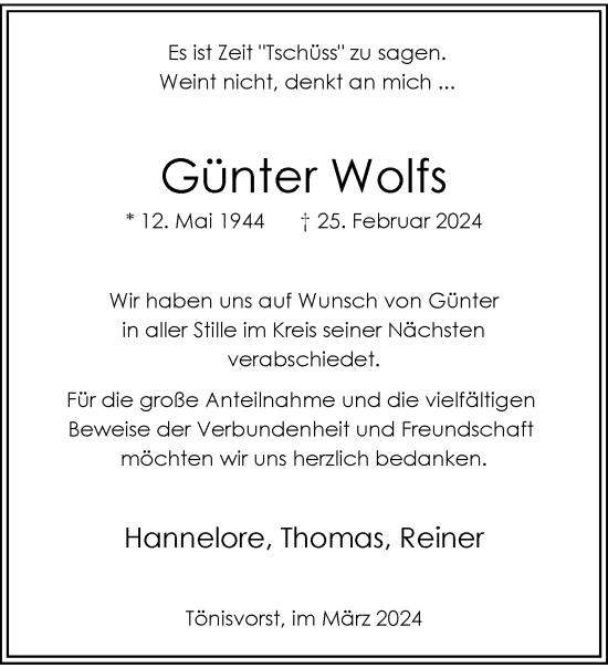 Traueranzeige von Günter Wolfs von trauer.extra-tipp-moenchengladbach.de
