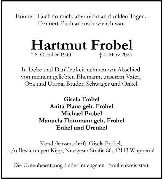 Traueranzeige von Hartmut Frobel von trauer.wuppertaler-rundschau.de