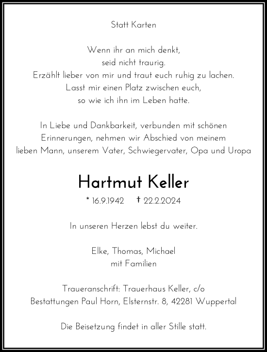 Traueranzeige von Hartmut Keller von trauer.wuppertaler-rundschau.de