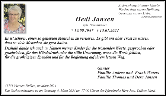 Traueranzeige von Hedi Jansen von trauer.extra-tipp-moenchengladbach.de