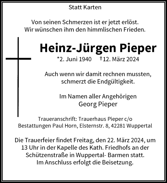 Traueranzeige von Heinz-Jürgen Pieper von trauer.wuppertaler-rundschau.de