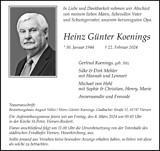 Traueranzeige von Heinz Günter Koenings von trauer.extra-tipp-moenchengladbach.de
