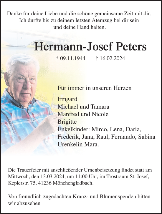 Traueranzeige von Hermann-Josef Peters von trauer.extra-tipp-moenchengladbach.de