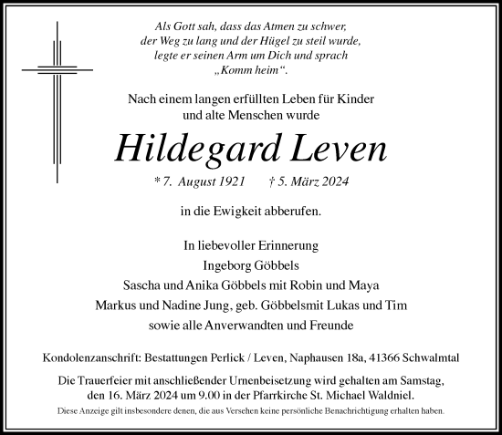 Traueranzeige von Hildegard Leven von trauer.extra-tipp-moenchengladbach.de