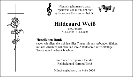Traueranzeige von Hildegard Weiß von trauer.extra-tipp-moenchengladbach.de