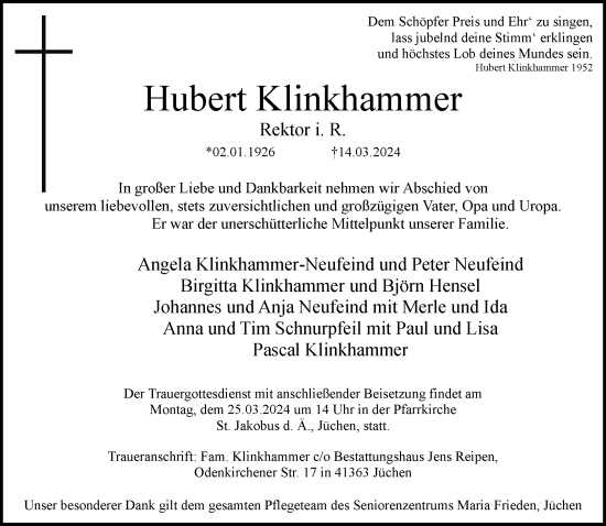 Traueranzeige von Hubert Klinkhammer von trauer.stadt-kurier.de