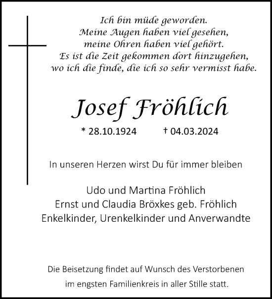 Traueranzeige von Josef Fröhlich von trauer.extra-tipp-moenchengladbach.de