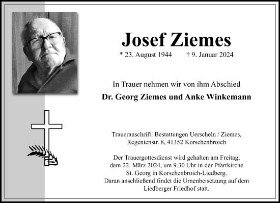 Traueranzeige von Josef Ziemes von trauer.extra-tipp-moenchengladbach.de