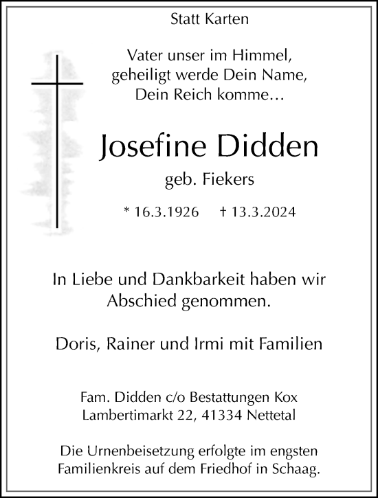Traueranzeige von Josefine Didden von trauer.extra-tipp-moenchengladbach.de