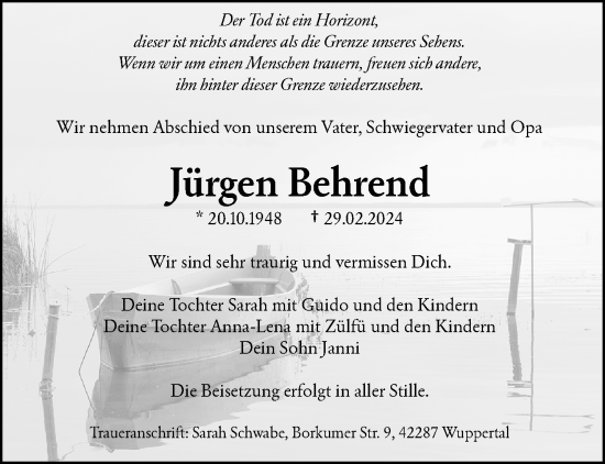 Traueranzeige von Jürgen Behrend von trauer.wuppertaler-rundschau.de