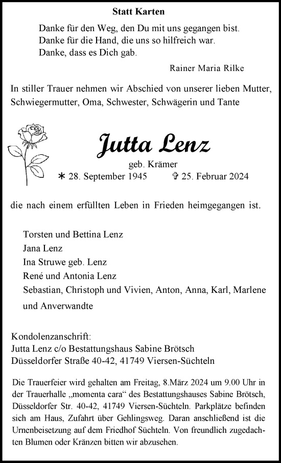 Traueranzeige von Jutta Lenz von trauer.extra-tipp-moenchengladbach.de