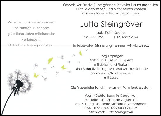 Traueranzeige von Jutta Steingröver von trauer.extra-tipp-moenchengladbach.de