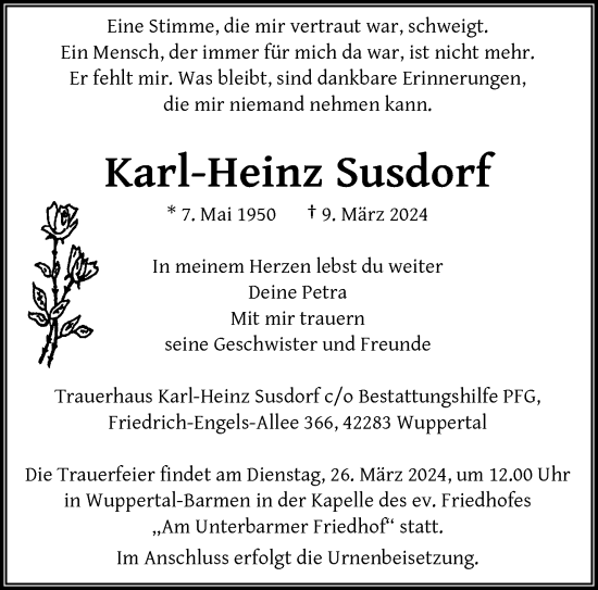 Traueranzeige von Karl-Heinz Susdorf von trauer.wuppertaler-rundschau.de