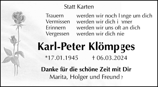 Traueranzeige von Karl-Peter Klömpges von trauer.extra-tipp-moenchengladbach.de