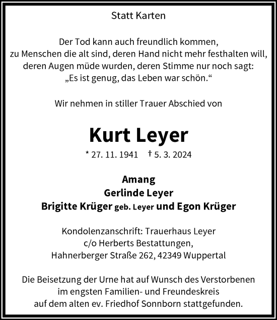 Traueranzeige von Kurt Leyer von trauer.wuppertaler-rundschau.de