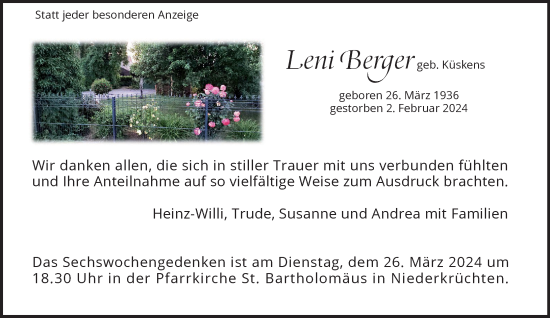 Traueranzeige von Leni Berger von trauer.extra-tipp-moenchengladbach.de